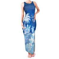 Personalised Bula Fiji Family Matching Tank Maxi Dress and Hawaiian Shirt Fijian Masi Pattern With Blue Coat Of Arms LT05 Mom's Dress Blue - Polynesian Pride