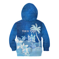 Personalised Bula Fiji Kid Hoodie Fijian Masi Pattern With Blue Coat Of Arms LT05 - Polynesian Pride