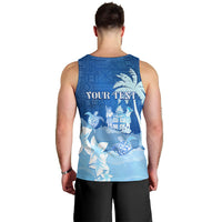 Personalised Bula Fiji Men Tank Top Fijian Masi Pattern With Blue Coat Of Arms LT05 - Polynesian Pride