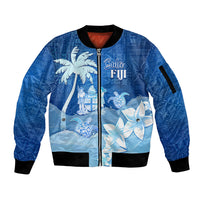 Personalised Bula Fiji Sleeve Zip Bomber Jacket Fijian Masi Pattern With Blue Coat Of Arms LT05 Unisex Blue - Polynesian Pride