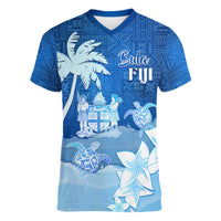 Personalised Bula Fiji Women V Neck T Shirt Fijian Masi Pattern With Blue Coat Of Arms LT05 Female Blue - Polynesian Pride