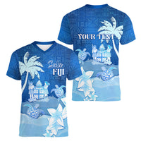 Personalised Bula Fiji Women V Neck T Shirt Fijian Masi Pattern With Blue Coat Of Arms LT05 - Polynesian Pride