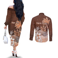 Personalised Bula Fiji Couples Matching Off The Shoulder Long Sleeve Dress and Long Sleeve Button Shirt Fijian Masi Pattern With Brown Coat Of Arms LT05 - Polynesian Pride