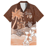 Personalised Bula Fiji Family Matching Off Shoulder Long Sleeve Dress and Hawaiian Shirt Fijian Masi Pattern With Brown Coat Of Arms LT05 Dad's Shirt - Short Sleeve Brown - Polynesian Pride
