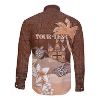 Personalised Bula Fiji Long Sleeve Button Shirt Fijian Masi Pattern With Brown Coat Of Arms LT05 - Polynesian Pride