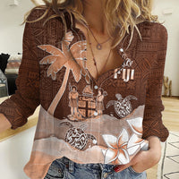 Personalised Bula Fiji Women Casual Shirt Fijian Masi Pattern With Brown Coat Of Arms LT05 Female Brown - Polynesian Pride