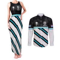 Custom Fiji Rugby Couples Matching Tank Maxi Dress and Long Sleeve Button Shirt Fijian 7s With Tapa Pattern LT05 White - Polynesian Pride