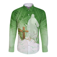 Happy Palm Sunday Long Sleeve Button Shirt With Polynesian Pattern LT05 Unisex Green - Polynesian Pride