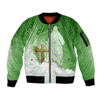 Happy Palm Sunday Sleeve Zip Bomber Jacket With Polynesian Pattern LT05 Unisex Green - Polynesian Pride
