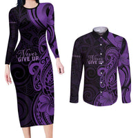 Personalised Lupus Warrior Couples Matching Long Sleeve Bodycon Dress and Long Sleeve Button Shirt Never Give Up Polynesian Style LT05 Purple - Polynesian Pride