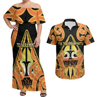 Personalised New Zealand Te Tairawhiti Couples Matching Off Shoulder Maxi Dress and Hawaiian Shirt Maori Koru Pattern LT05 Orange - Polynesian Pride