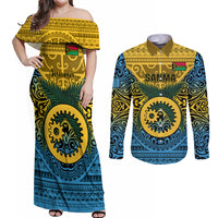 Vanuatu Sanma Province Couples Matching Off Shoulder Maxi Dress and Long Sleeve Button Shirts Coat Of Arms And Namele Fern Polynesian Pattern LT05 Yellow - Polynesian Pride