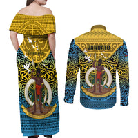 Vanuatu Sanma Province Couples Matching Off Shoulder Maxi Dress and Long Sleeve Button Shirts Coat Of Arms And Namele Fern Polynesian Pattern LT05 - Polynesian Pride