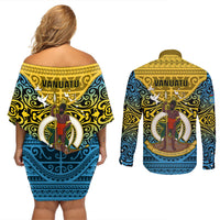 Vanuatu Sanma Province Couples Matching Off Shoulder Short Dress and Long Sleeve Button Shirts Coat Of Arms And Namele Fern Polynesian Pattern LT05 - Polynesian Pride