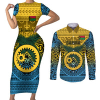 Personalized Vanuatu Sanma Province Couples Matching Short Sleeve Bodycon Dress and Long Sleeve Button Shirts Coat Of Arms And Namele Fern Polynesian Pattern LT05 Yellow - Polynesian Pride