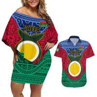Vanuatu Shefa Province Couples Matching Off Shoulder Short Dress and Hawaiian Shirt Coat Of Arms And Namele Fern Polynesian Pattern LT05 Red - Polynesian Pride