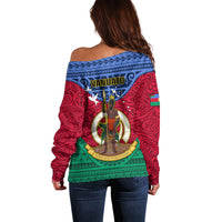 Vanuatu Shefa Province Off Shoulder Sweater Coat Of Arms And Namele Fern Polynesian Pattern LT05 - Polynesian Pride