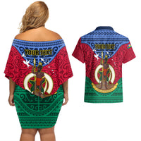 Personalized Vanuatu Shefa Province Couples Matching Off Shoulder Short Dress and Hawaiian Shirt Coat Of Arms And Namele Fern Polynesian Pattern LT05 - Polynesian Pride