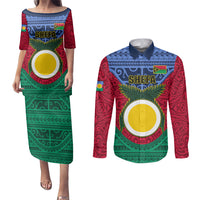Personalized Vanuatu Shefa Province Couples Matching Puletasi Dress and Long Sleeve Button Shirts Coat Of Arms And Namele Fern Polynesian Pattern LT05 Red - Polynesian Pride
