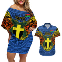 Vanuatu Tafea Province Couples Matching Off Shoulder Short Dress and Hawaiian Shirt Coat Of Arms And Namele Fern Polynesian Pattern LT05 Blue - Polynesian Pride