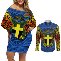 Vanuatu Tafea Province Couples Matching Off Shoulder Short Dress and Long Sleeve Button Shirts Coat Of Arms And Namele Fern Polynesian Pattern LT05 Blue - Polynesian Pride