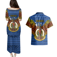 Vanuatu Tafea Province Couples Matching Puletasi Dress and Hawaiian Shirt Coat Of Arms And Namele Fern Polynesian Pattern LT05 - Polynesian Pride