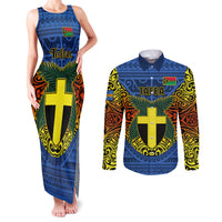 Vanuatu Tafea Province Couples Matching Tank Maxi Dress and Long Sleeve Button Shirts Coat Of Arms And Namele Fern Polynesian Pattern LT05 Blue - Polynesian Pride