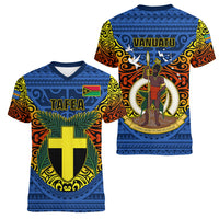 Vanuatu Tafea Province Women V Neck T Shirt Coat Of Arms And Namele Fern Polynesian Pattern LT05 - Polynesian Pride