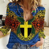 Personalized Vanuatu Tafea Province Women Casual Shirt Coat Of Arms And Namele Fern Polynesian Pattern LT05 Female Blue - Polynesian Pride