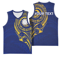 Personalised Nauru Angam Day Basketball Jersey Gold Navy Tribal Pattern