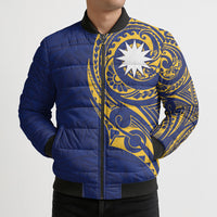 Personalised Nauru Angam Day Bomber Puffer Jacket Gold Navy Tribal Pattern