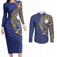 Personalised Nauru Angam Day Couples Matching Long Sleeve Bodycon Dress and Long Sleeve Button Shirt Gold Navy Tribal Pattern