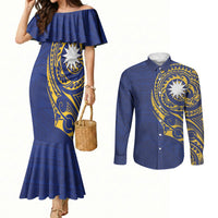 Personalised Nauru Angam Day Couples Matching Mermaid Dress and Long Sleeve Button Shirt Gold Navy Tribal Pattern