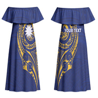 Personalised Nauru Angam Day Couples Matching Off Shoulder Maxi Dress and Hawaiian Shirt Gold Navy Tribal Pattern