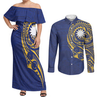 Personalised Nauru Angam Day Couples Matching Off Shoulder Maxi Dress and Long Sleeve Button Shirt Gold Navy Tribal Pattern