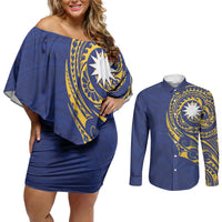 Personalised Nauru Angam Day Couples Matching Off Shoulder Short Dress and Long Sleeve Button Shirt Gold Navy Tribal Pattern