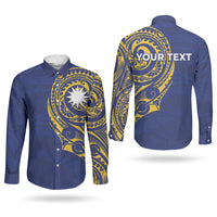 Personalised Nauru Angam Day Couples Matching Off Shoulder Short Dress and Long Sleeve Button Shirt Gold Navy Tribal Pattern