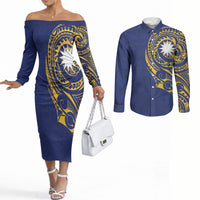 Personalised Nauru Angam Day Couples Matching Off The Shoulder Long Sleeve Dress and Long Sleeve Button Shirt Gold Navy Tribal Pattern