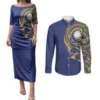 Personalised Nauru Angam Day Couples Matching Puletasi and Long Sleeve Button Shirt Gold Navy Tribal Pattern