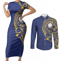 Personalised Nauru Angam Day Couples Matching Short Sleeve Bodycon Dress and Long Sleeve Button Shirt Gold Navy Tribal Pattern