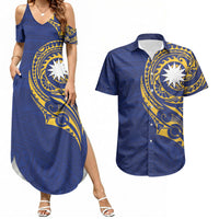 Personalised Nauru Angam Day Couples Matching Summer Maxi Dress and Hawaiian Shirt Gold Navy Tribal Pattern