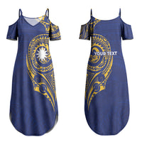 Personalised Nauru Angam Day Couples Matching Summer Maxi Dress and Long Sleeve Button Shirt Gold Navy Tribal Pattern