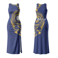 Personalised Nauru Angam Day Couples Matching Tank Maxi Dress and Long Sleeve Button Shirt Gold Navy Tribal Pattern
