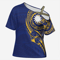 Personalised Nauru Angam Day Cross Shoulder Shirt Gold Navy Tribal Pattern