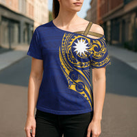 Personalised Nauru Angam Day Cross Shoulder Shirt Gold Navy Tribal Pattern