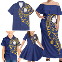 Personalised Nauru Angam Day Family Matching Off Shoulder Maxi Dress and Hawaiian Shirt Gold Navy Tribal Pattern