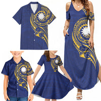 Personalised Nauru Angam Day Family Matching Summer Maxi Dress and Hawaiian Shirt Gold Navy Tribal Pattern