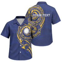Personalised Nauru Angam Day Family Matching Summer Maxi Dress and Hawaiian Shirt Gold Navy Tribal Pattern