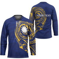 Personalised Nauru Angam Day Hockey Jersey Gold Navy Tribal Pattern