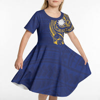 Personalised Nauru Angam Day Kid Short Sleeve Dress Gold Navy Tribal Pattern